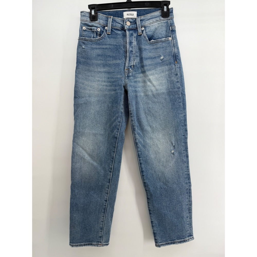 Pistola High Rise Straight Leg Jeans Blue Medium Wash Distressed Size 25